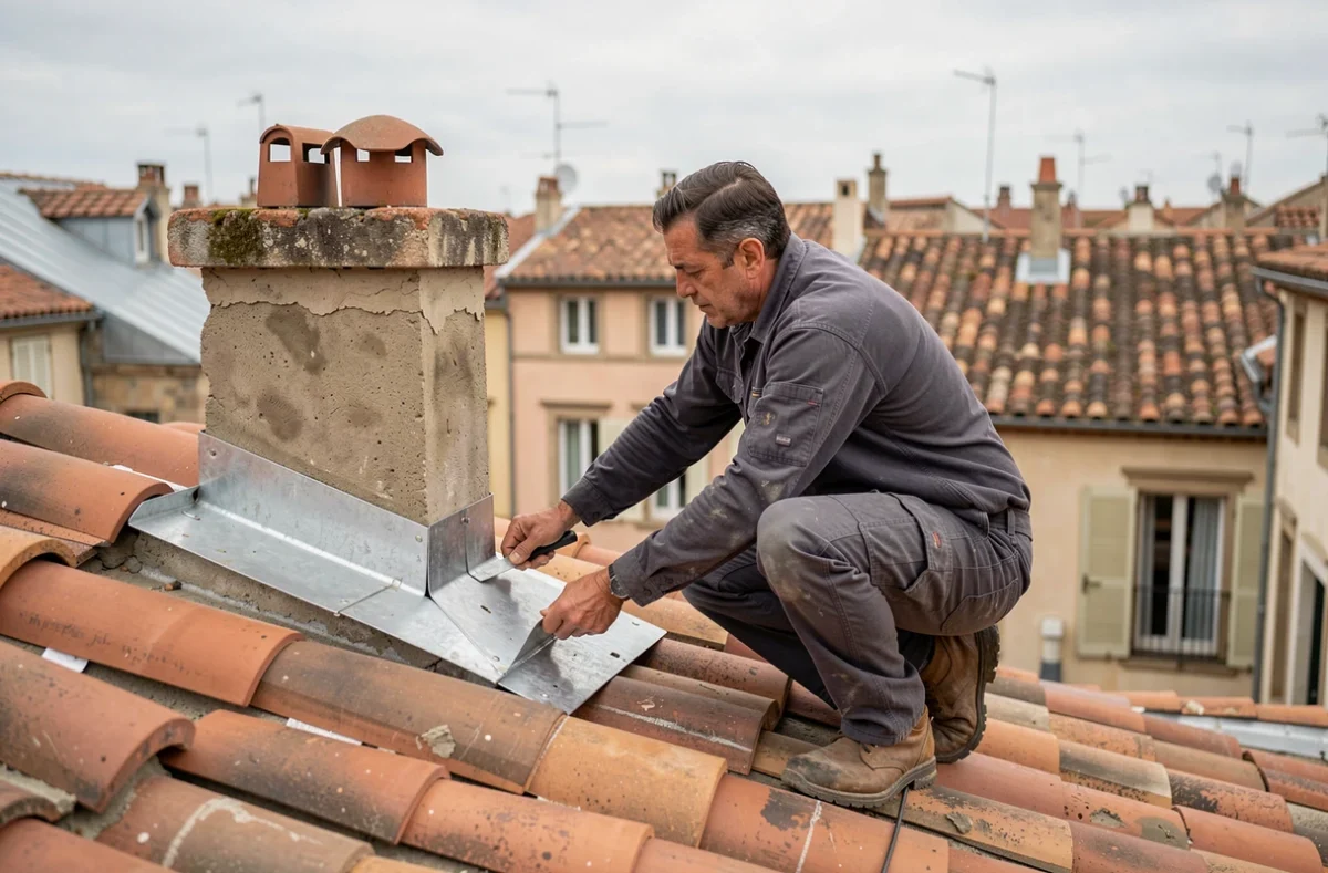 Couvreur polyvalent d'A2M Renovation posant des solins en zinc et des tuiles sur un toit rénové à Avignon