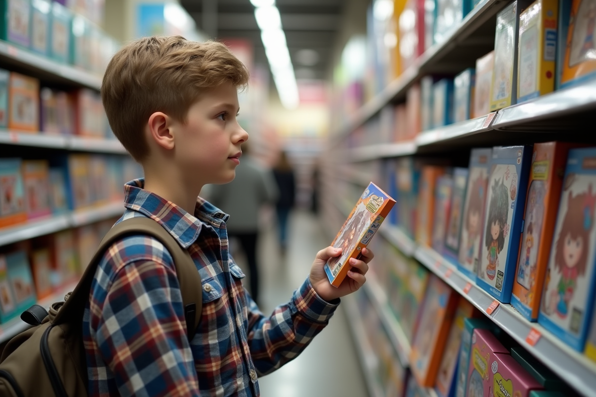 Adolescent regarde des kits de diamant peinture dans un magasin d arts créatifs