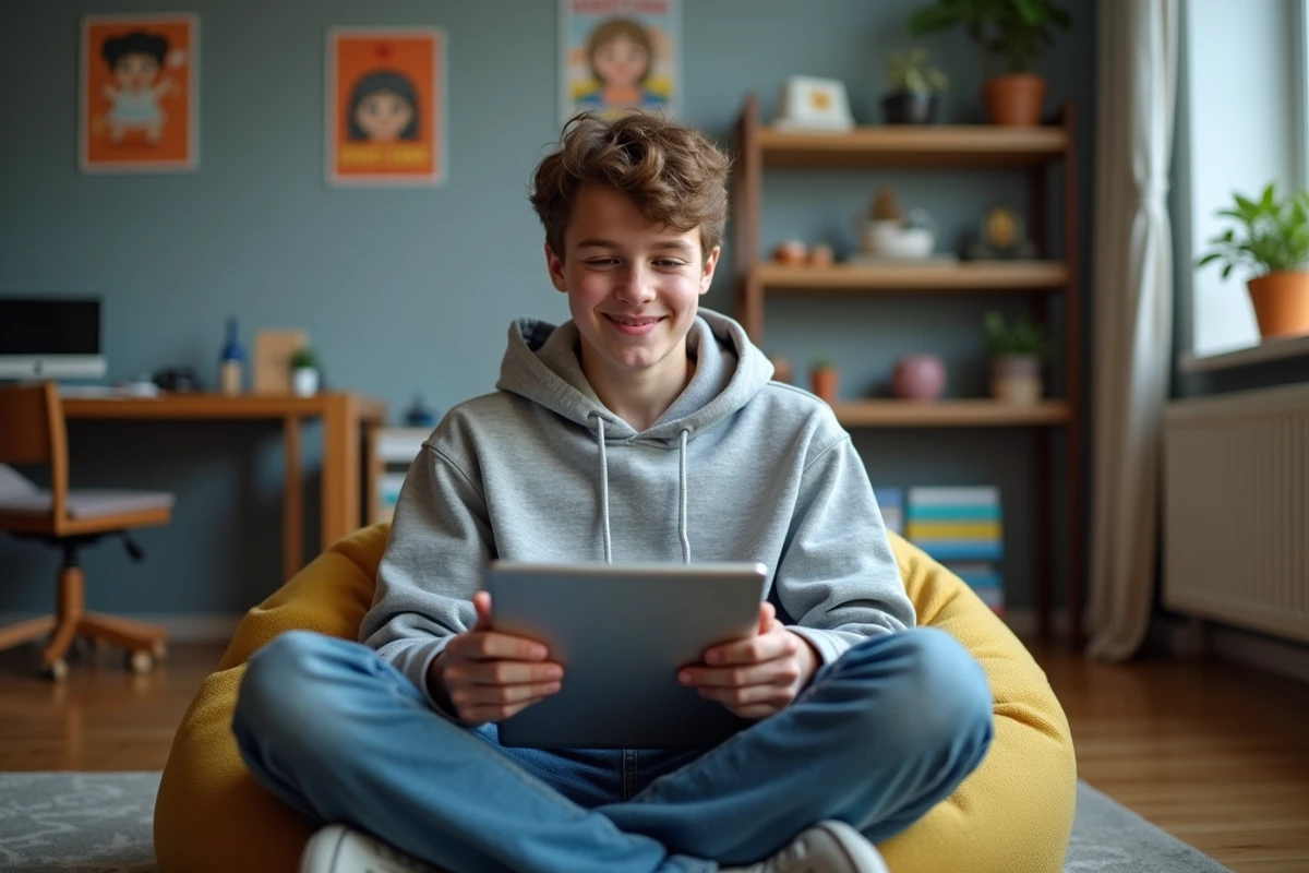 Adolescent souriant trouvant la solution d'une énigme dans un jeu de mots sur tablette