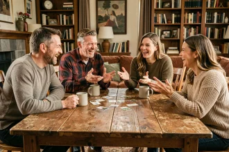 Groupe d'adultes autour d'une table en bois jouant à des devinettes et riant ensemble dans un salon cosy
