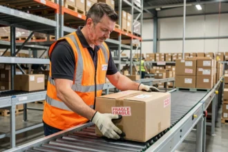 Agent logistique plaçant un colis fragile sur un tapis roulant de tri dans un entrepôt de distribution