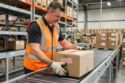 Agent logistique plaçant un colis fragile sur un tapis roulant de tri dans un entrepôt de distribution