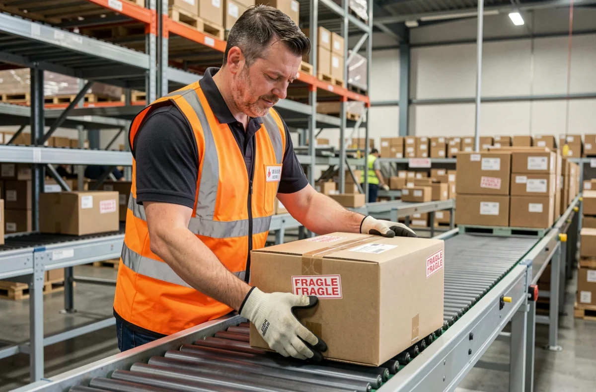 Agent logistique plaçant un colis fragile sur un tapis roulant de tri dans un entrepôt de distribution