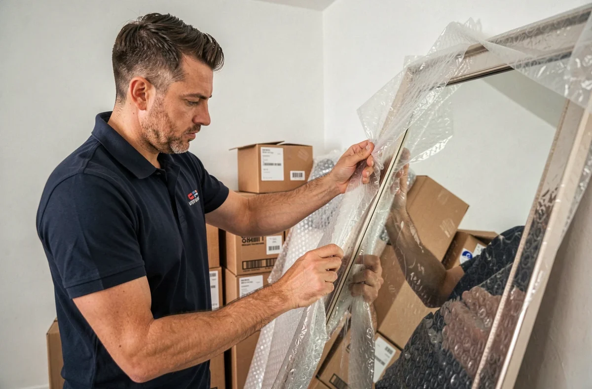 Déménageur professionnel emballant un miroir avec soin lors d'un déménagement Albatech à Argenteuil
