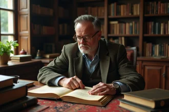 Homme contemplatif dans un bureau ancien entouré de livres de poésie anglaise du XVIIIe siècle, illustrant la réflexion sur la condition humaine selon Alexander Pope