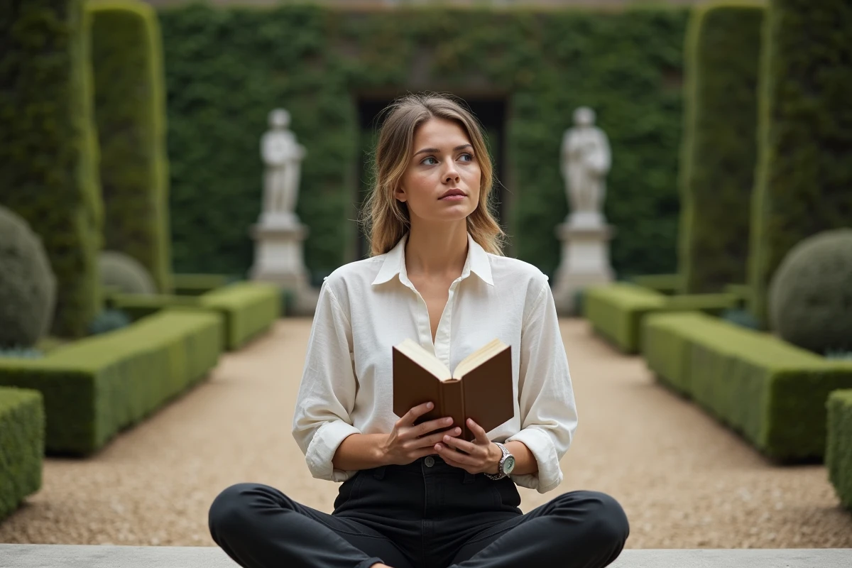 Femme lisant un recueil de poésie d'Alexander Pope dans un jardin classique européen, symbolisant la méditation sur la condition humaine et la place de l'homme dans la nature
