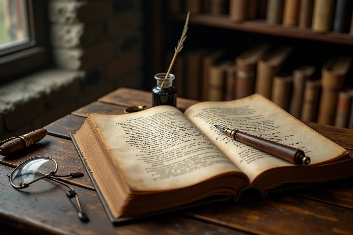 Gros plan sur des pages de poésie anglaise du XVIIIe siècle avec une plume d'oie et un encrier, évoquant l'œuvre littéraire d'Alexander Pope et sa réflexion sur la condition humaine