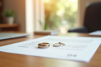 Alliance mariage et document juridique sur bureau lumineux