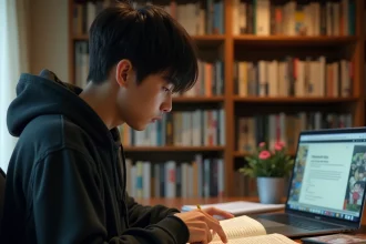 Jeune homme lisant un manga japonais à son bureau avec un ordinateur portable affichant une interface de scantrad en arrière-plan