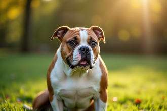 Portrait d'un American Bulldog dans un parc ensoleille
