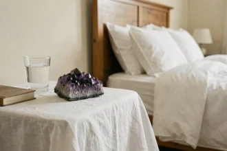 Améthyste polie posée sur une table de nuit en bois avec un verre d'eau, dans une chambre apaisante décorée de tons neutres, évoquant un sommeil serein