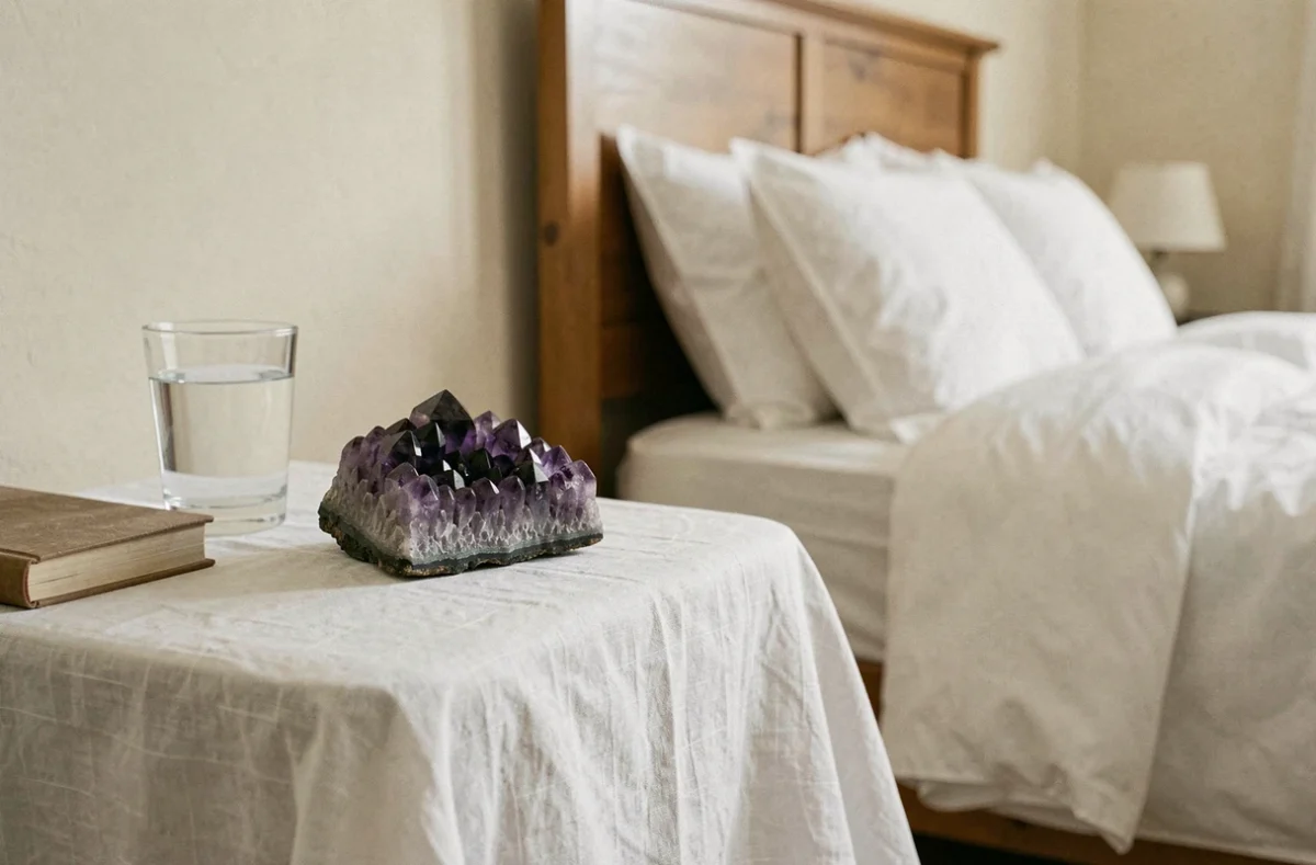 Améthyste polie posée sur une table de nuit en bois avec un verre d'eau, dans une chambre apaisante décorée de tons neutres, évoquant un sommeil serein