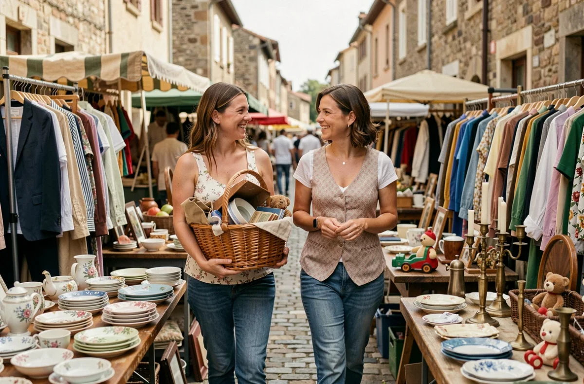 Deux amies qui flânent entre les stands d'un vide-greniers de l'Yonne avec un panier rempli de bonnes affaires