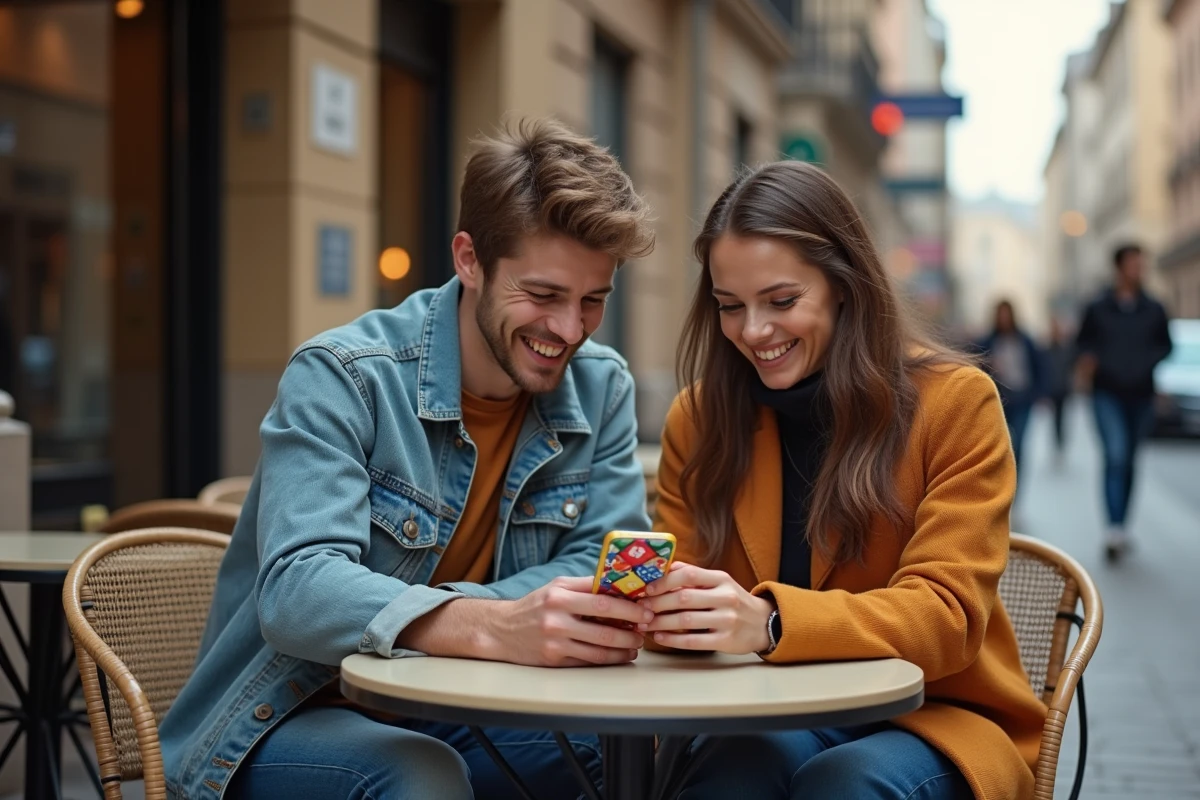 Deux amis découvrant ensemble les dés gratuits Monopoly GO sur smartphone dans un café en ville grâce au site desgratuits.com