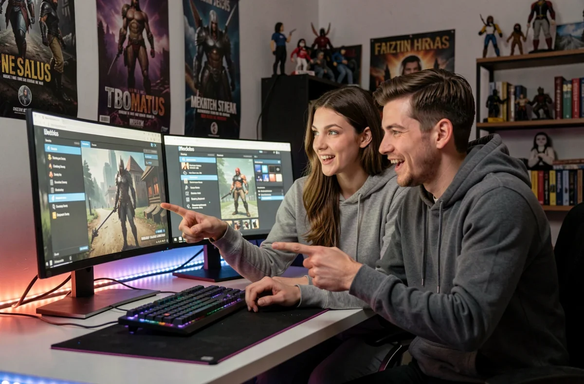 Deux amis comparant des mods pour jeux de simulation sur un double écran dans une chambre gaming décorée