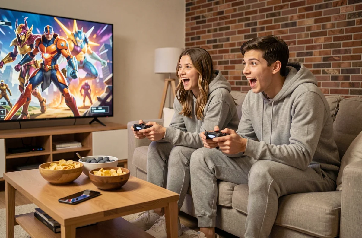 Deux amis jouant à Fortnite ensemble et réagissant au retour potentiel des skins OG en 2026 sur grand écran