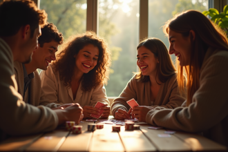 Quatre amis jouent aux cartes autour d'une table ensoleillée