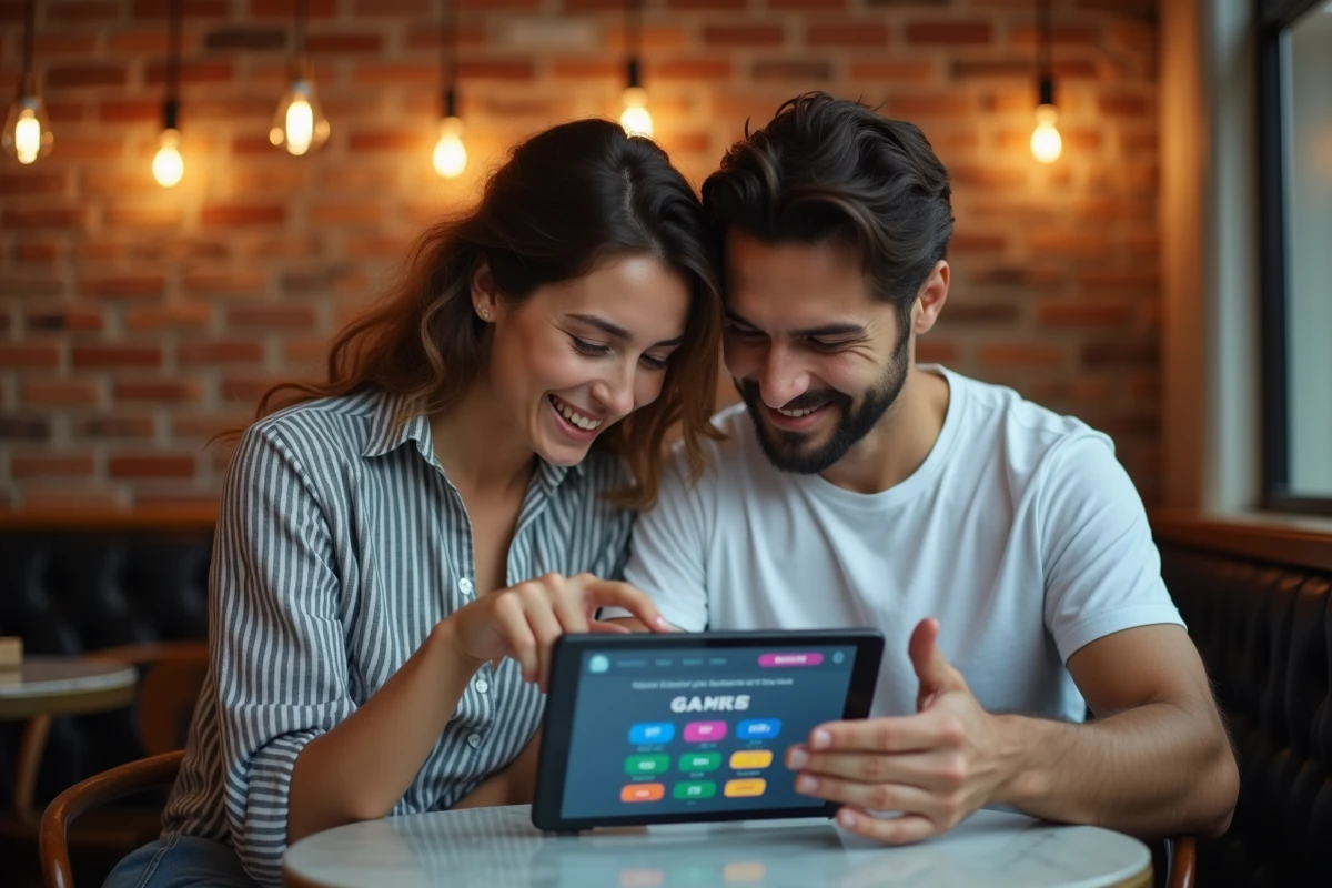 Deux amis jouant ensemble à un jeu de devinettes de mots sur tablette dans un café