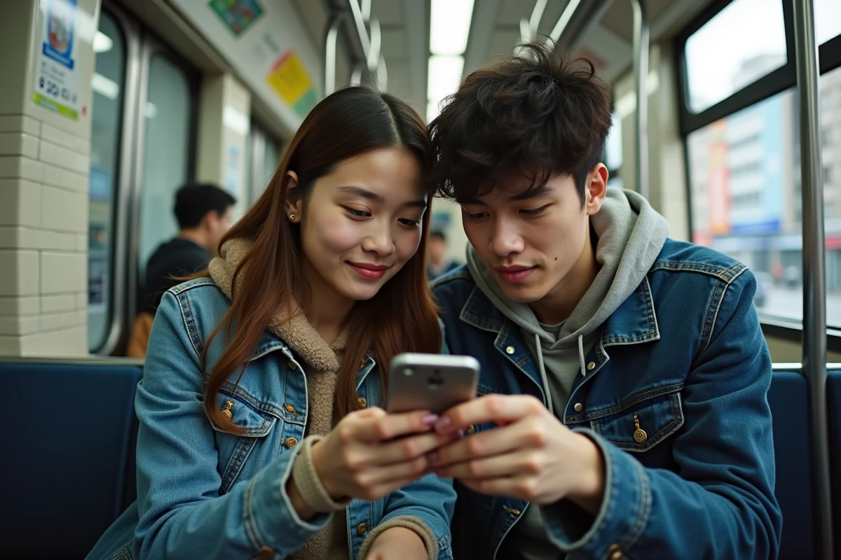 Deux amis consultant un manga en français sur smartphone dans le métro via Kaliscan