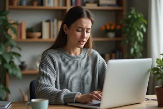 Femme annulant son abonnement Amazon Prime sur un ordinateur portable à son bureau à domicile