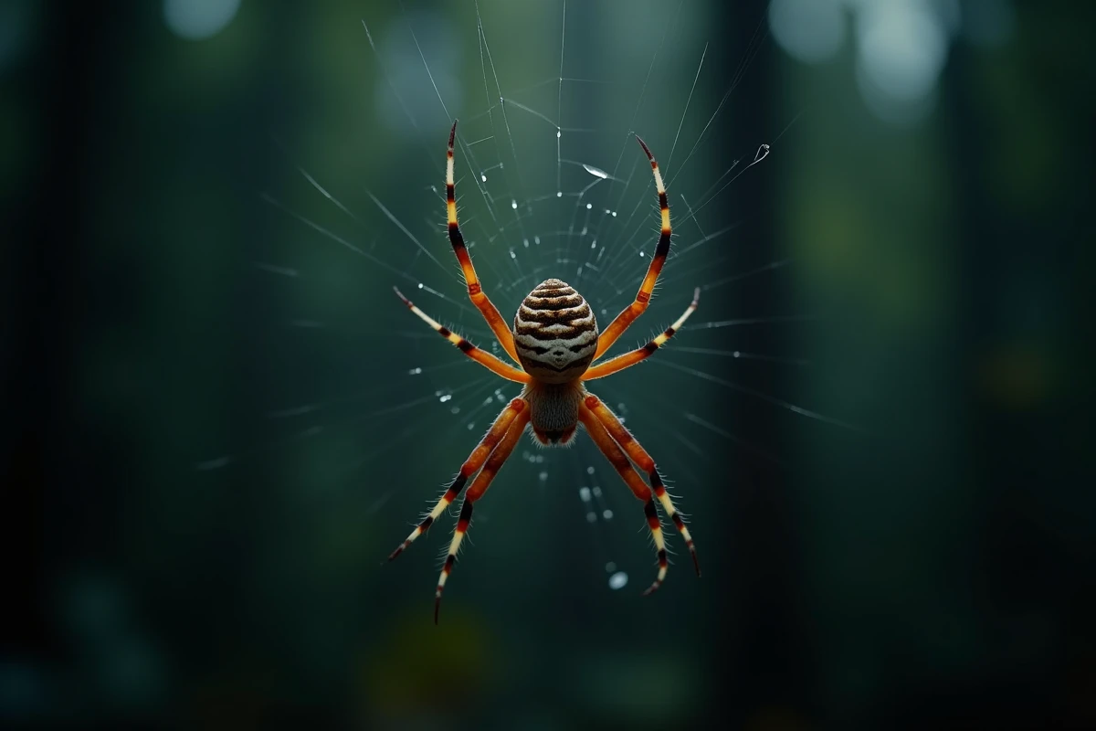 Gros plan d'une araignée tisseuse sur sa toile en forêt, évoquant le clan des Araignées écarlates dans Hunter x Hunter