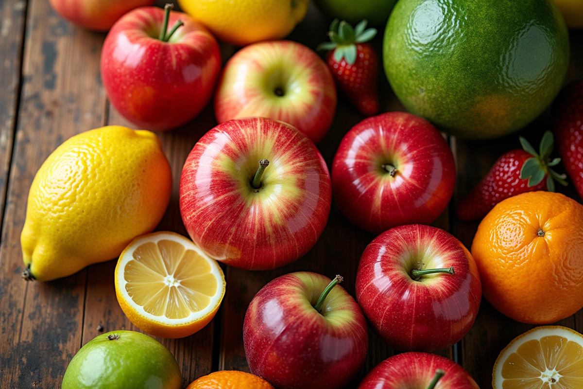 Assortiment de fruits frais sur une table en bois
