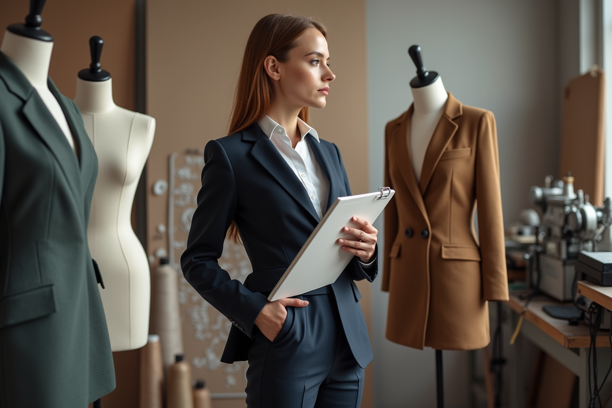 Jeune femme en atelier de mode observant des mannequins