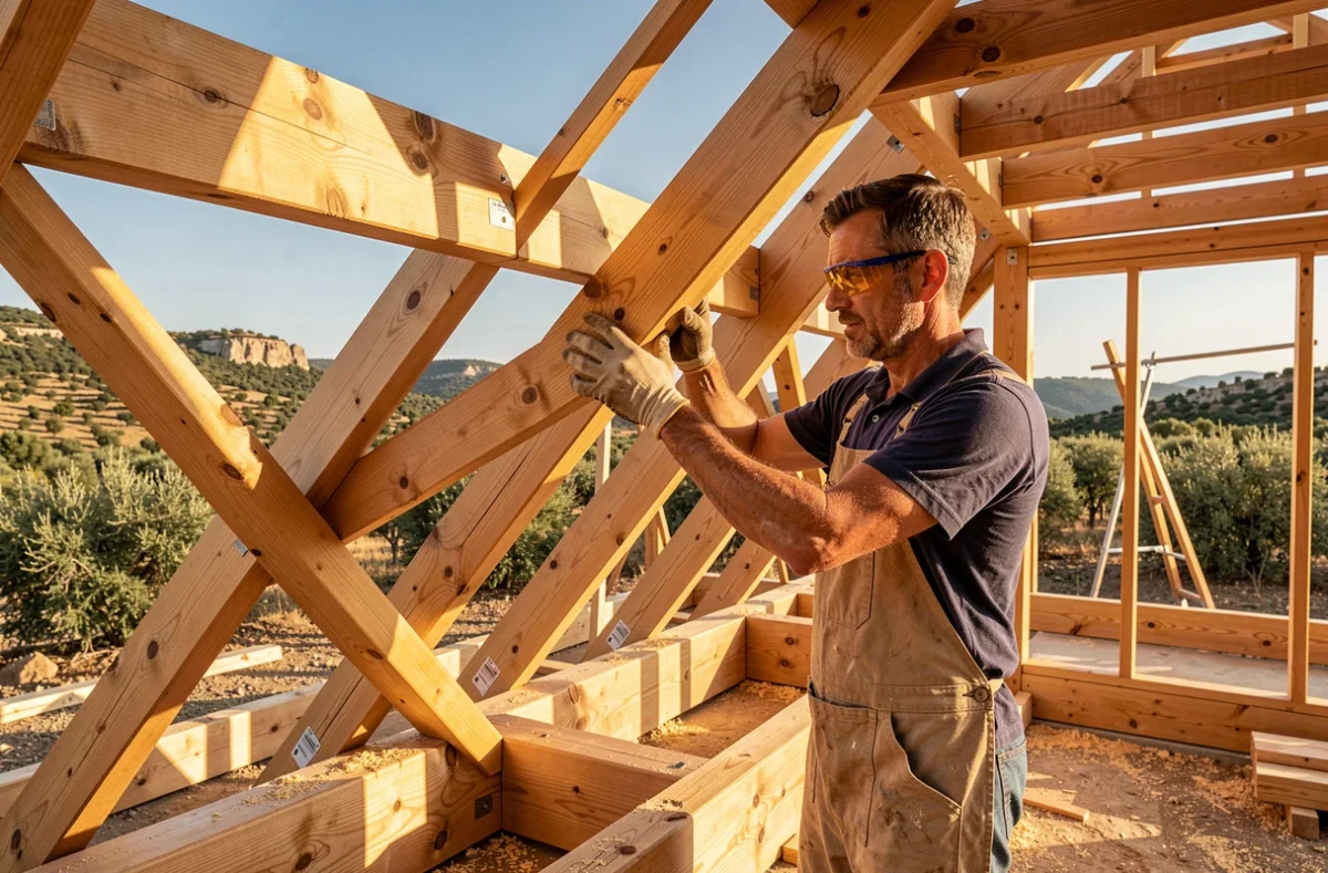 Charpentier couvreur de Batibois assemblant une charpente en bois traditionnelle sur un chantier dans le Vaucluse