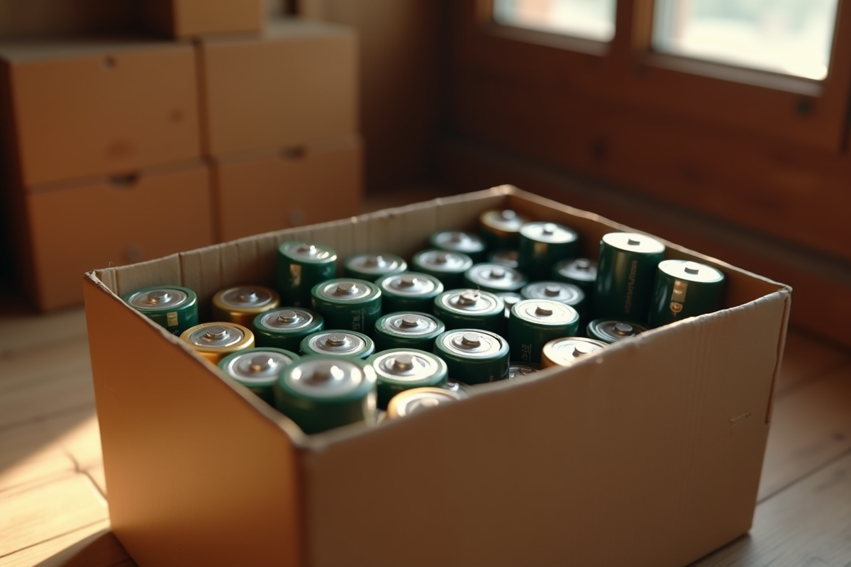 Batteries de tailles variées dans une boîte en carton dans une pièce chaleureuse