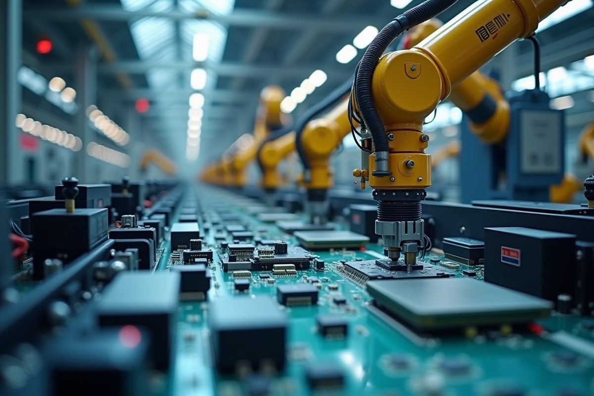 Bras robotique assemblant des composants électroniques en usine