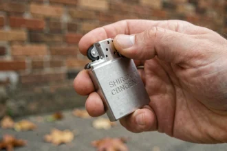 Main d'homme tenant un briquet en métal argenté brossé en milieu urbain avec fond de mur en briques flou