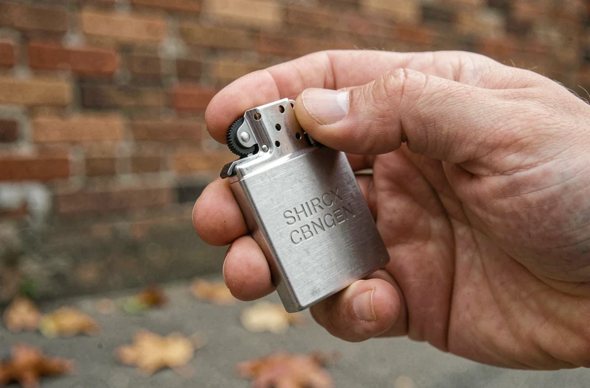 Main d'homme tenant un briquet en métal argenté brossé en milieu urbain avec fond de mur en briques flou