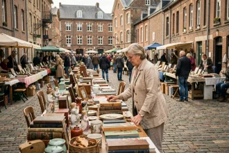 Brocante en plein air dans le Nord avec des tables couvertes d'objets vintage et une visiteuse qui examine les articles