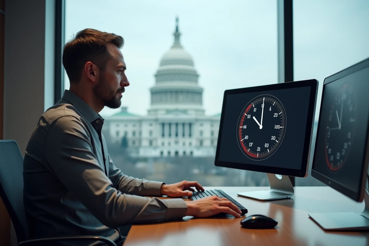 Homme d'affaires consultant un fuseau horaire sur son ordinateur dans un bureau de Washington D.C.