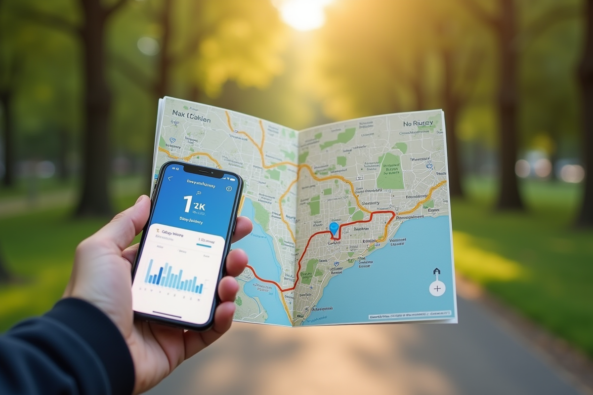 Carte avec itinéraire marche et smartphone avec application de suivi