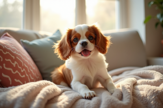 Chiot cavalier king charles sur un canapé lumineux