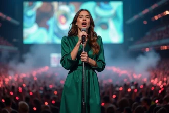 Chanteuse anglaise sur scène lors d'un grand concert mondial, robe satinée verte, foule immense en arrière-plan