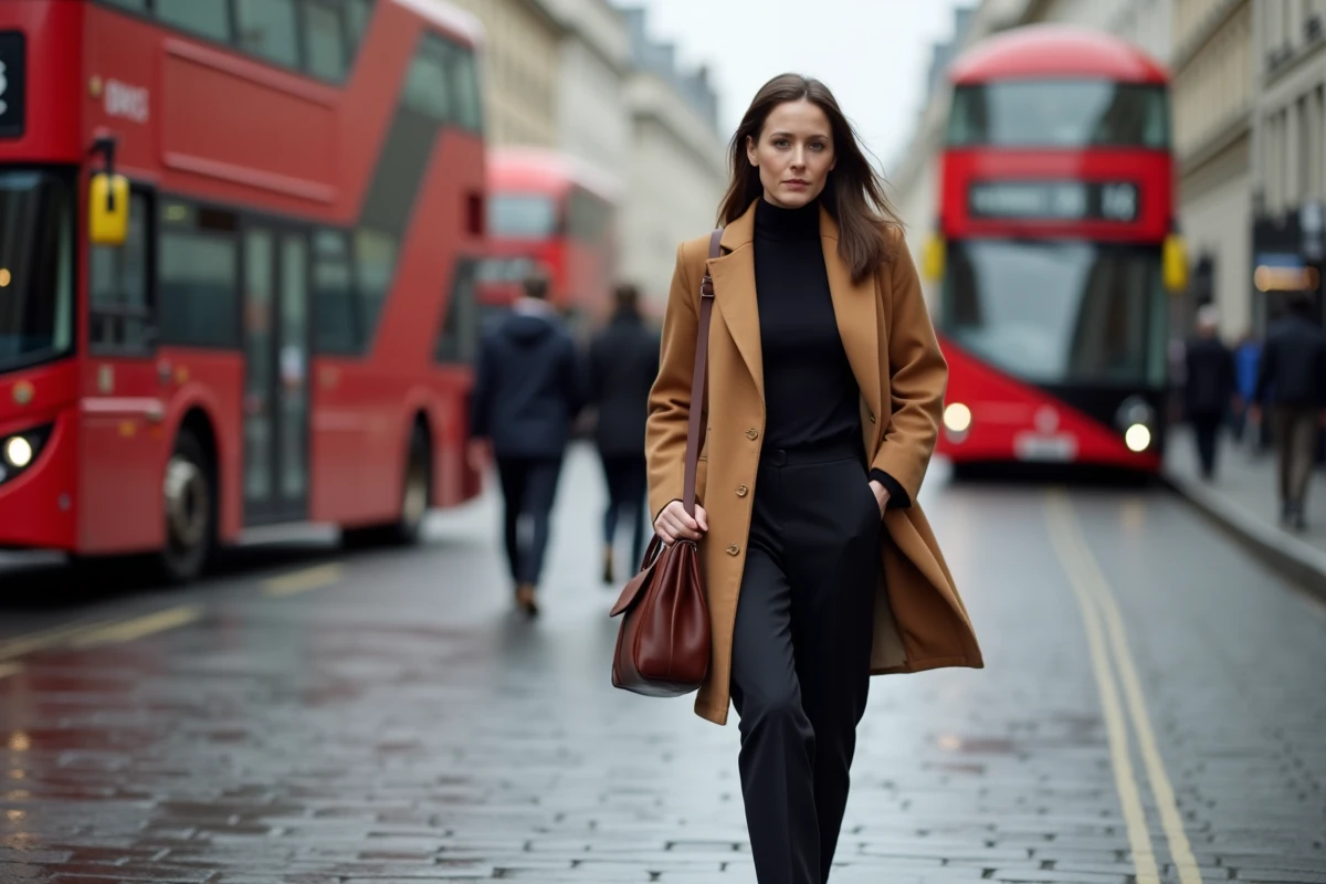Chanteuse anglaise célèbre marchant dans une rue de Londres, style élégant et naturel, ambiance urbaine britannique