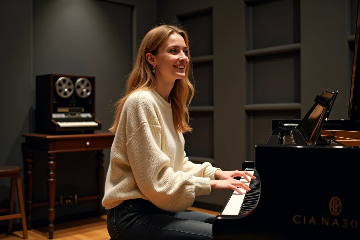 Chanteuse britannique au piano dans un studio d'enregistrement professionnel, ambiance créative et moderne