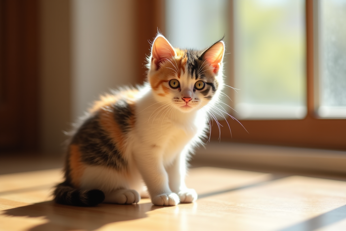 Chaton calico assis sur un sol en bois en lumière naturelle