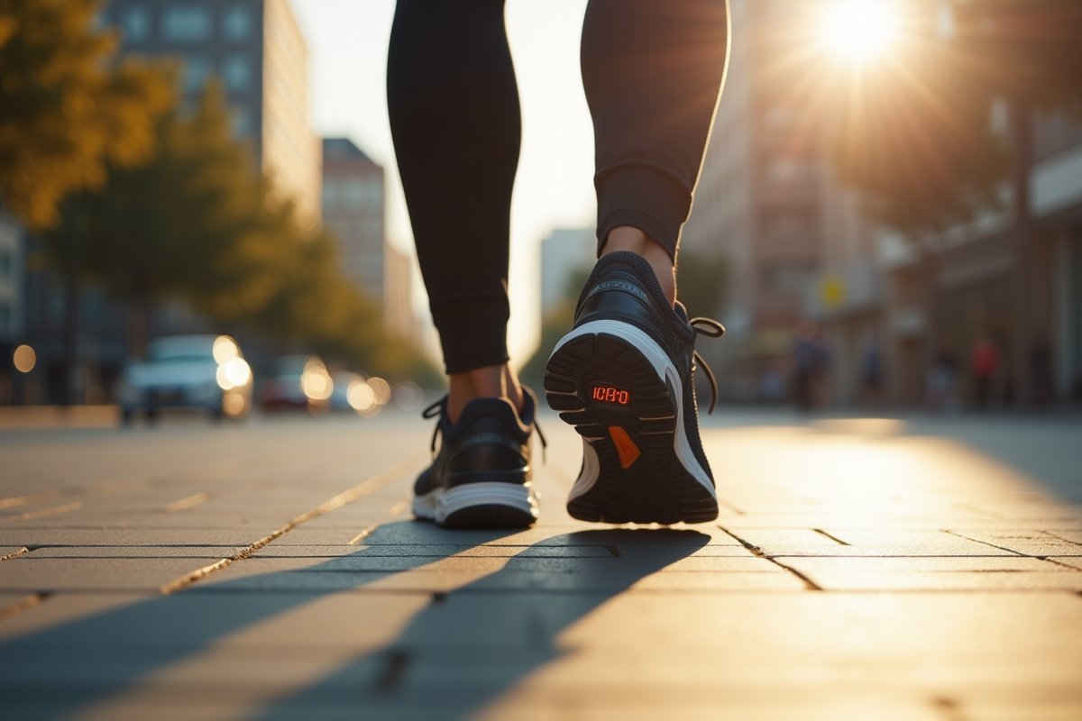 Chaussures de sport sur trottoir urbain au matin avec compteur de pas