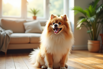 Chien Spitz allemand assis dans un salon lumineux