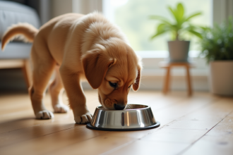 Chiot golden retriever mangeant dans un bol en acier inoxydable