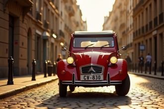Citroën 2CV stationnée sur une rue pavée parisienne