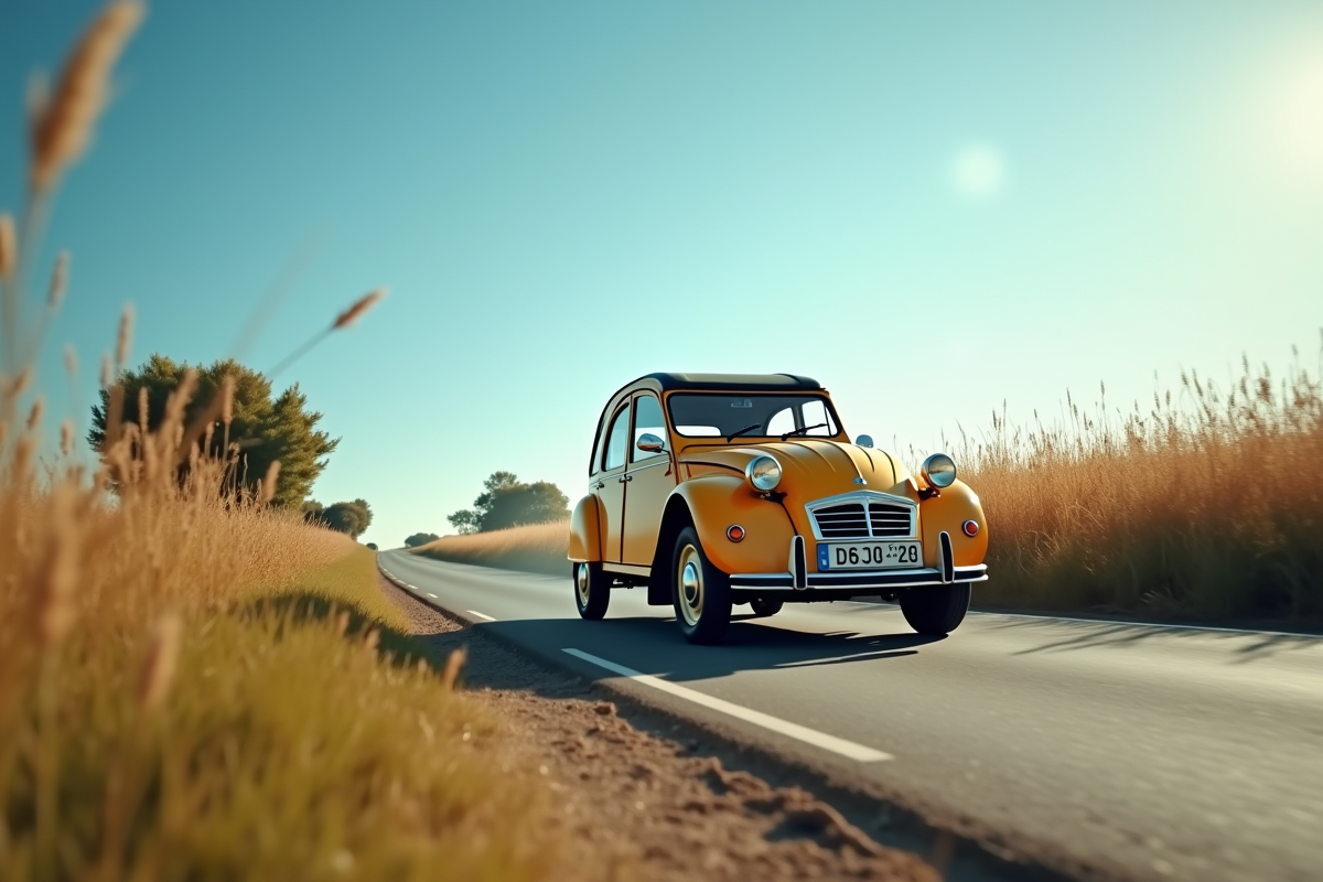 Citroën 2CV roulant sur une route de campagne française