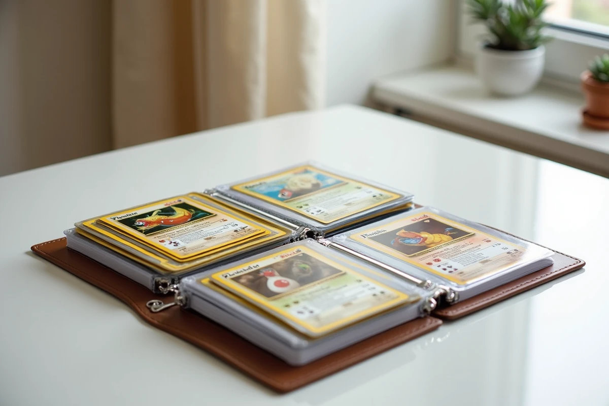 Classeur de cartes Pokémon rares ouvert avec des cartes holographiques triées dans des pochettes transparentes