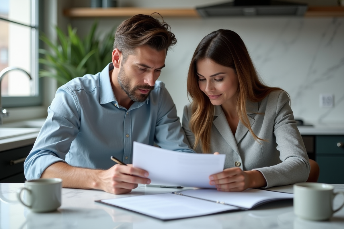 Un couple en réunion pour un document immobilier dans une cuisine moderne