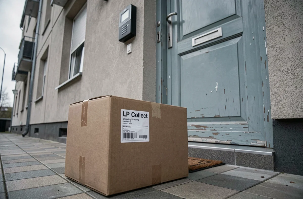Colis LP Collect non livré abandonné devant la porte d'un appartement en attente de contact DHL ou Chronopost