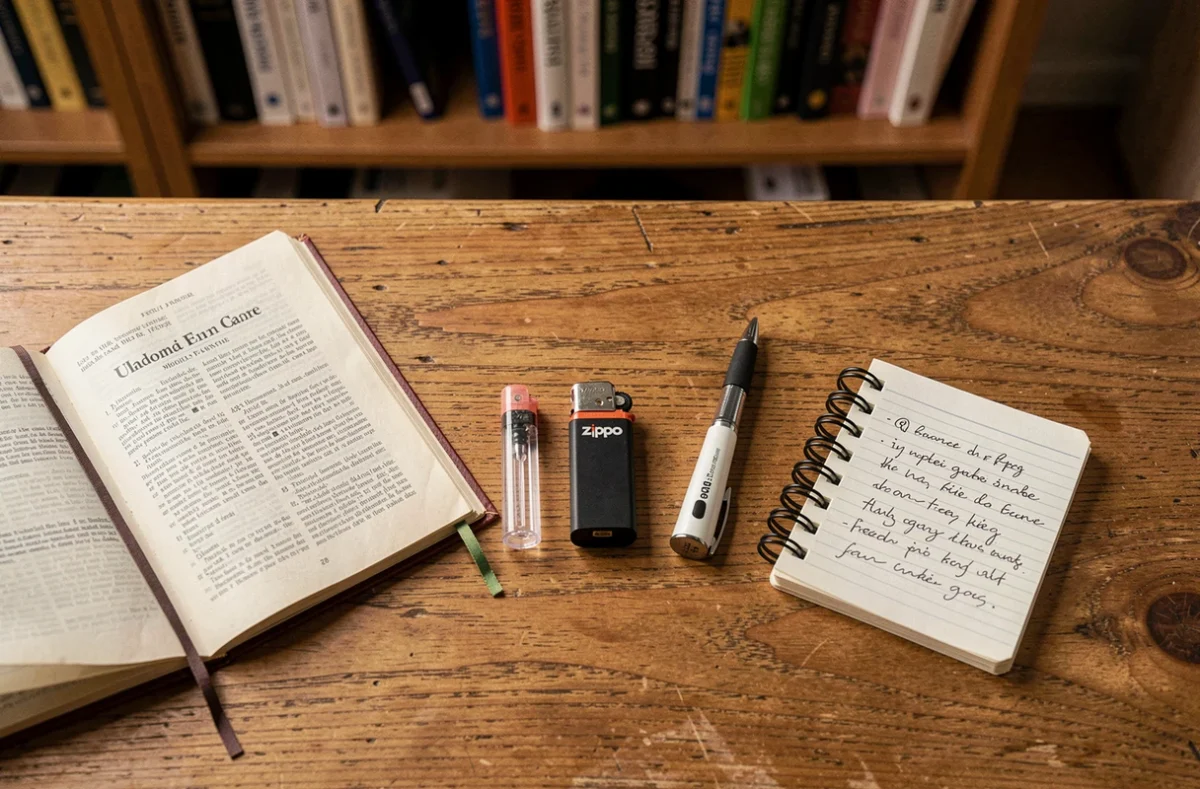 Collection de briquets variés posés sur un bureau en bois avec dictionnaire anglais-français ouvert et cahier de notes