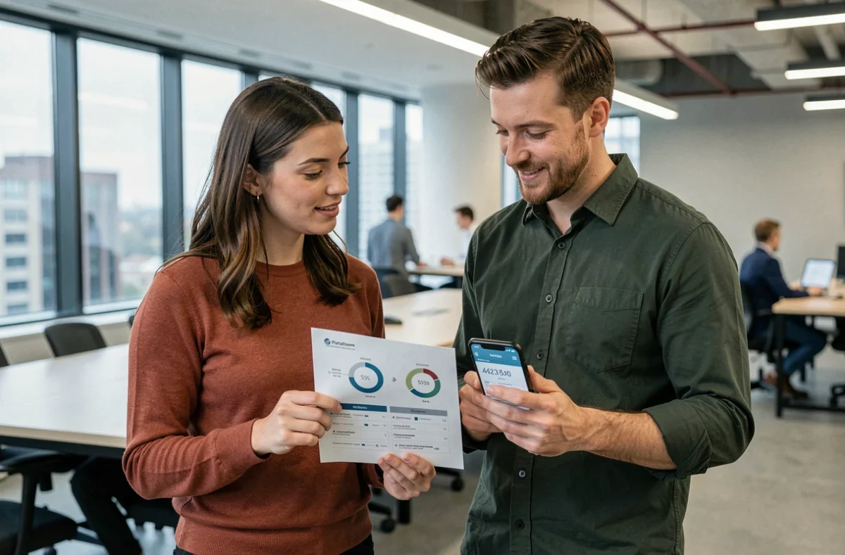 Deux collègues analysant ensemble un comparatif de plateformes numériques dans un espace de coworking moderne